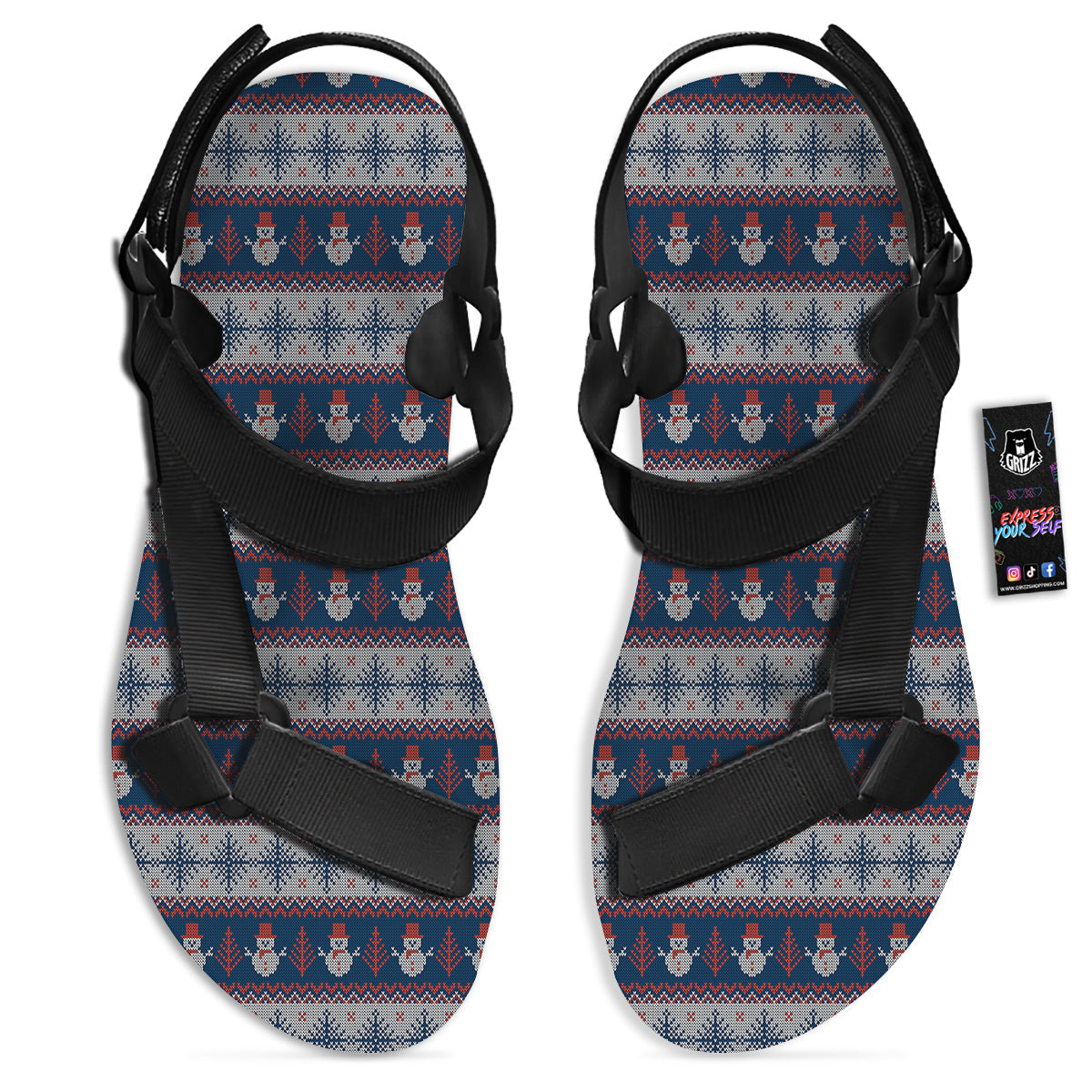 Knitted Cute Snowman Print Pattern Black Open Toe Sandals-grizzshop