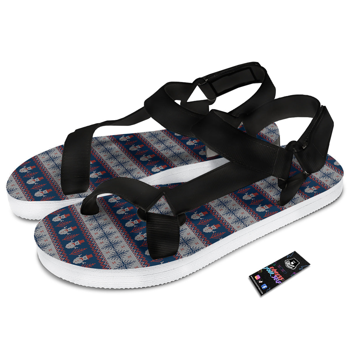 Knitted Cute Snowman Print Pattern Black Open Toe Sandals-grizzshop
