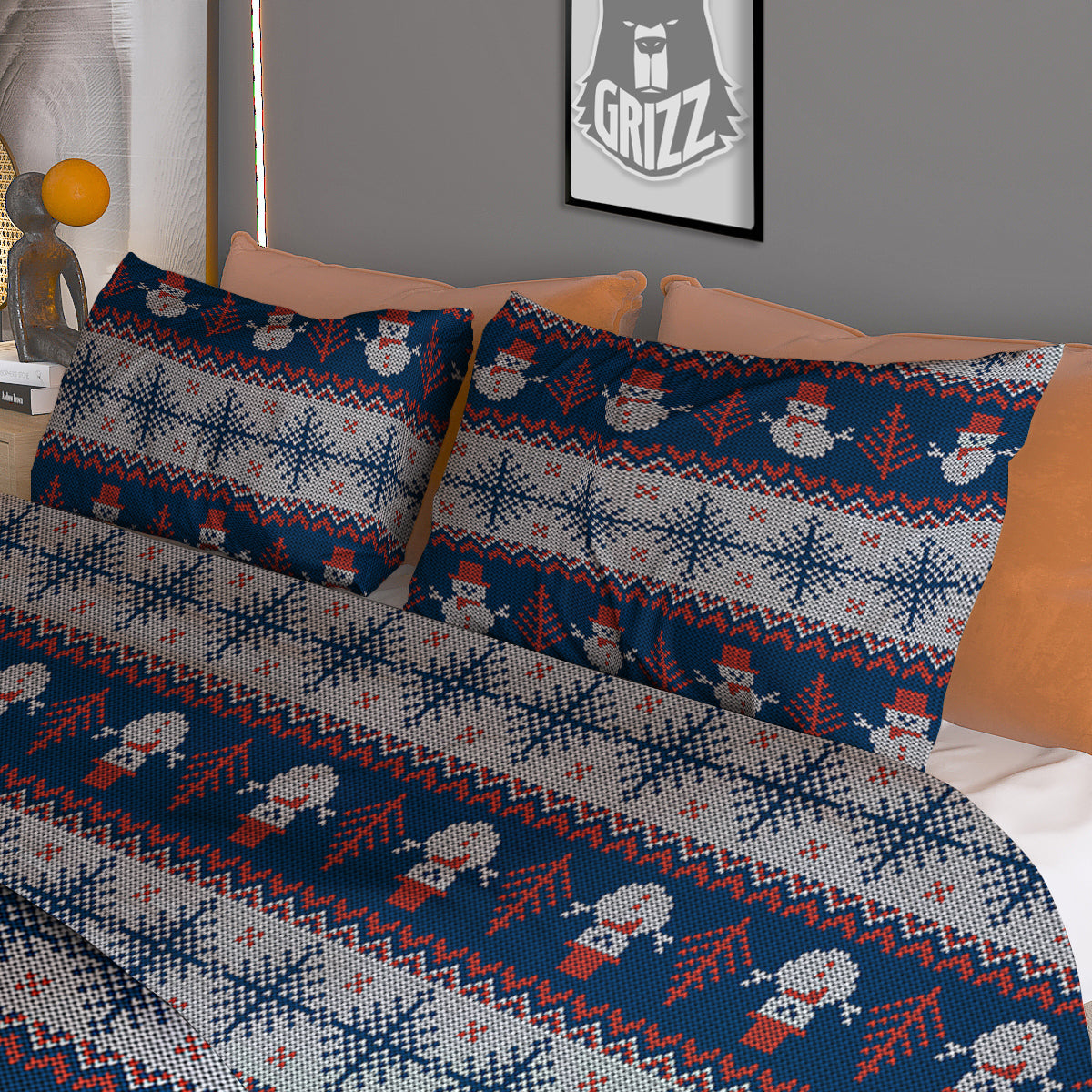 Knitted Cute Snowman Print Pattern Duvet Cover Bedding Set