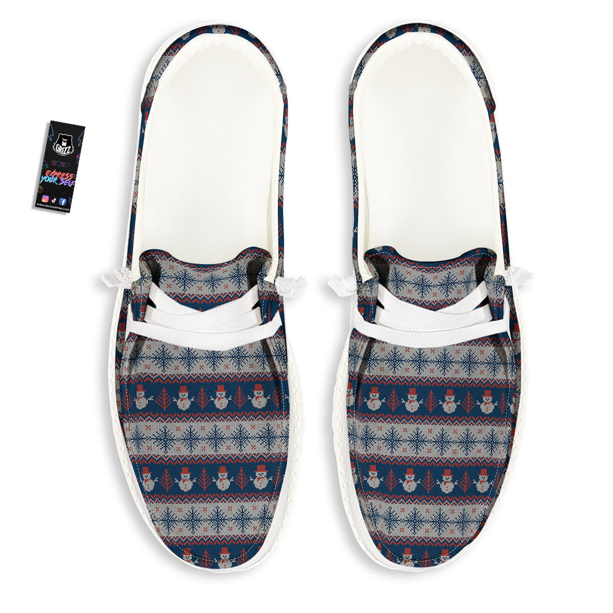 Knitted Cute Snowman Print Pattern White Loafers-grizzshop