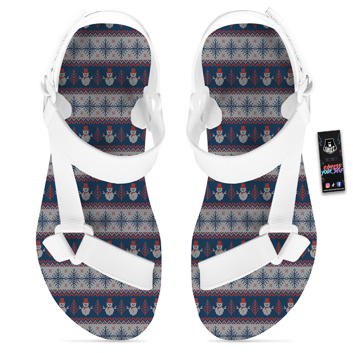 Knitted Cute Snowman Print Pattern White Open Toe Sandals-grizzshop