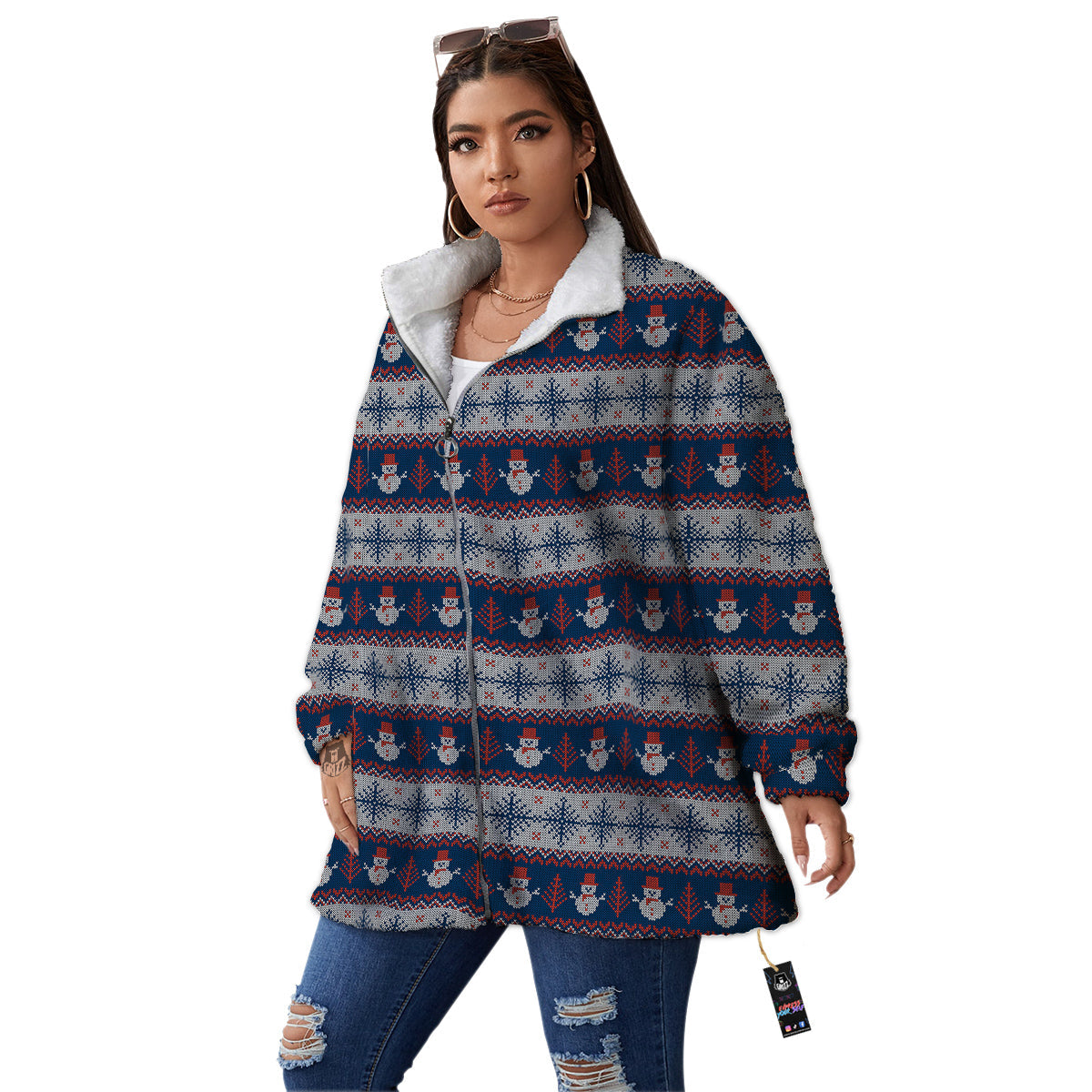 Knitted Cute Snowman Print Pattern Women's Sherpa Jacket-grizzshop