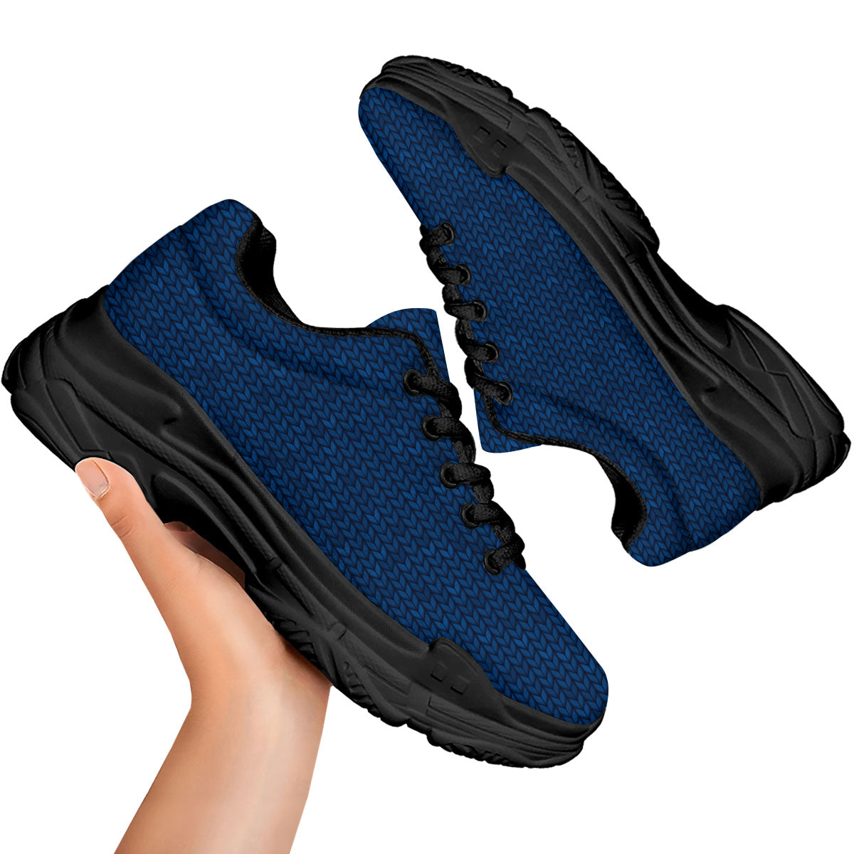 Knitted Deep Blue Print Pattern Black Chunky Shoes-grizzshop