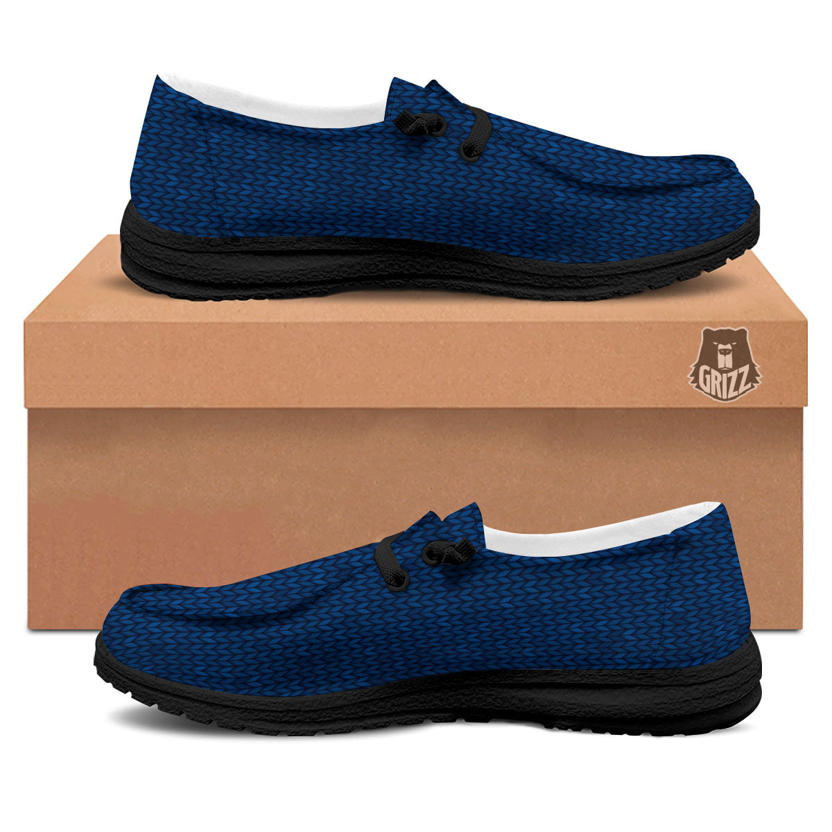 Knitted Deep Blue Print Pattern Black Loafers-grizzshop