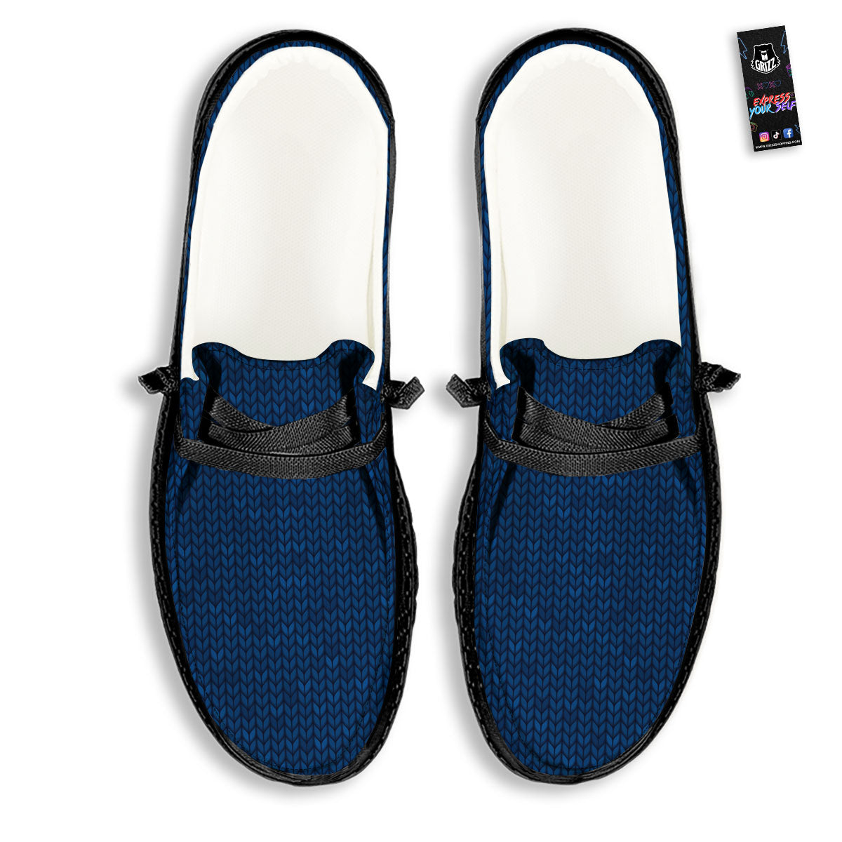 Knitted Deep Blue Print Pattern Black Loafers-grizzshop