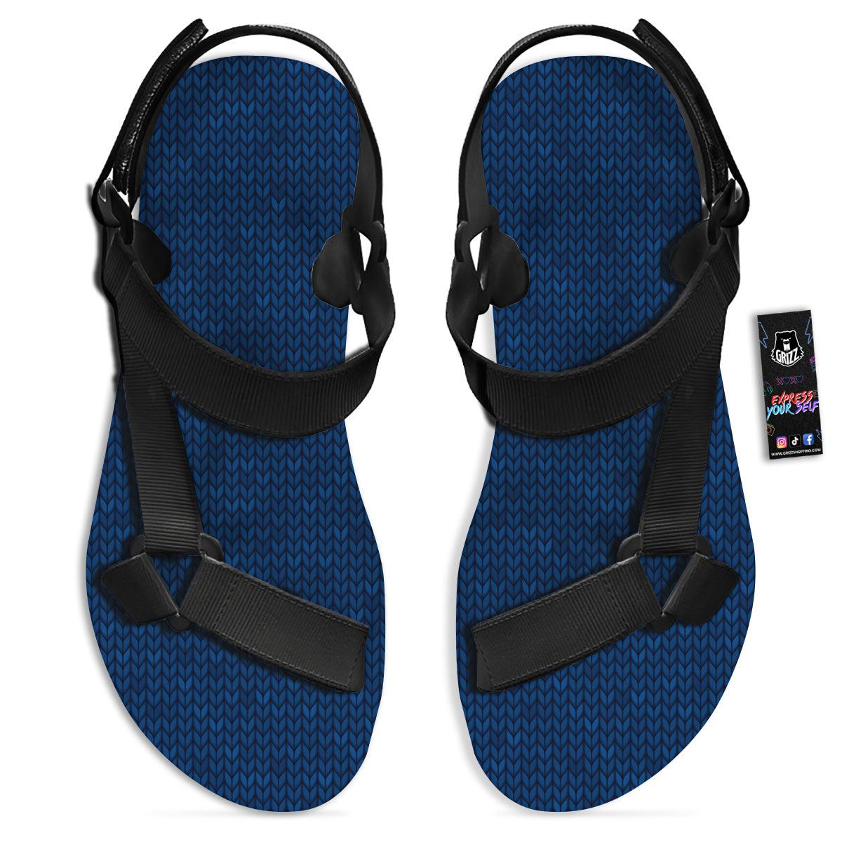 Knitted Deep Blue Print Pattern Black Open Toe Sandals-grizzshop