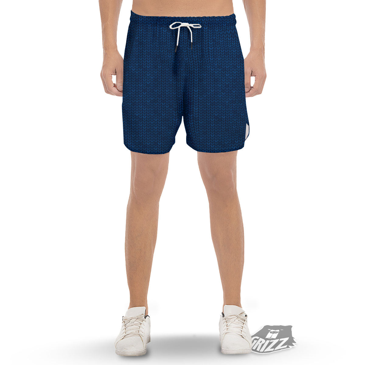 Knitted Deep Blue Print Pattern Men's Gym Shorts-grizzshop