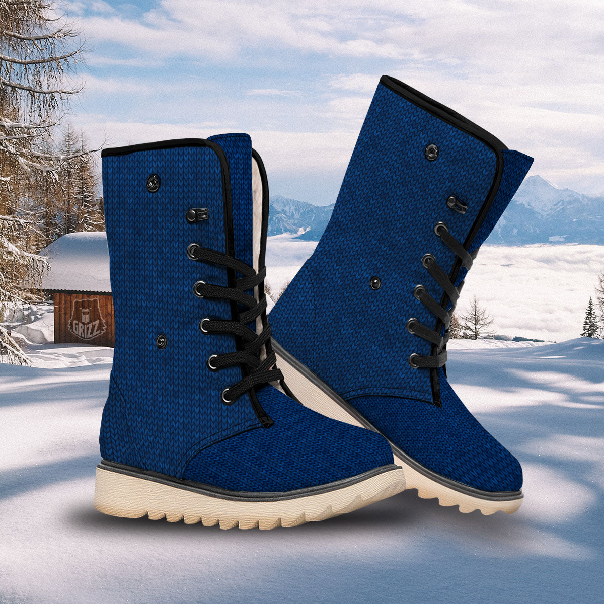Knitted Deep Blue Print Pattern Snow Boots-grizzshop