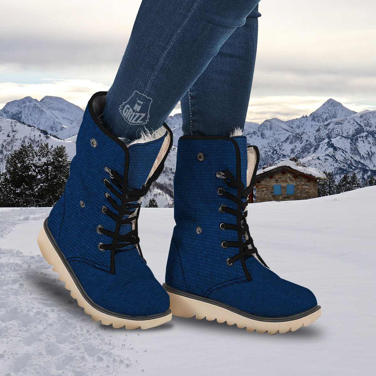 Knitted Deep Blue Print Pattern Snow Boots-grizzshop