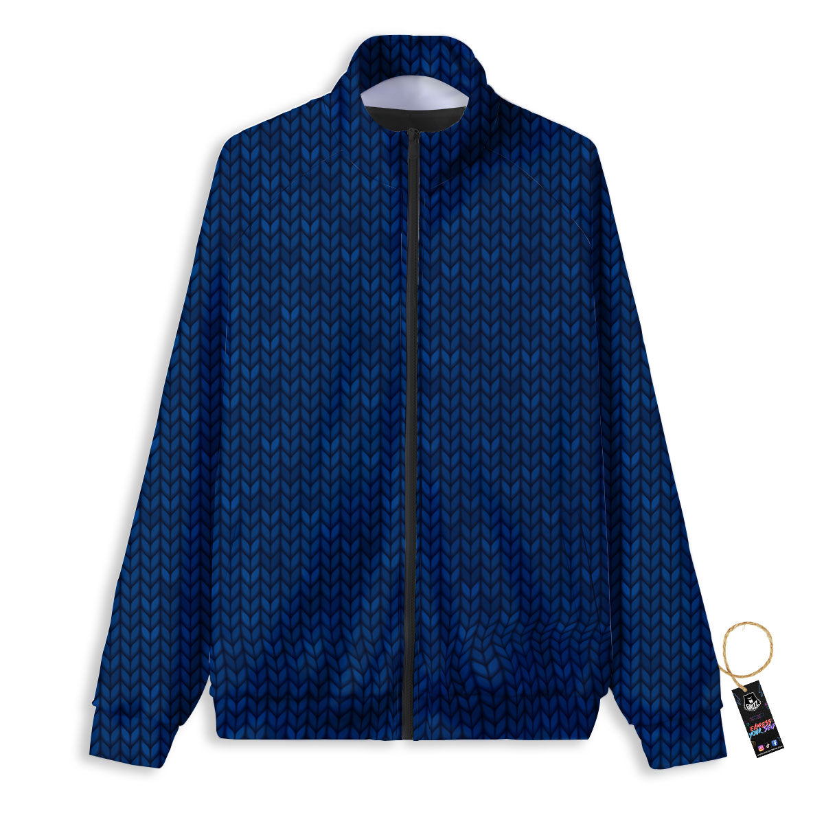 Knitted Deep Blue Print Pattern Track Jacket-grizzshop