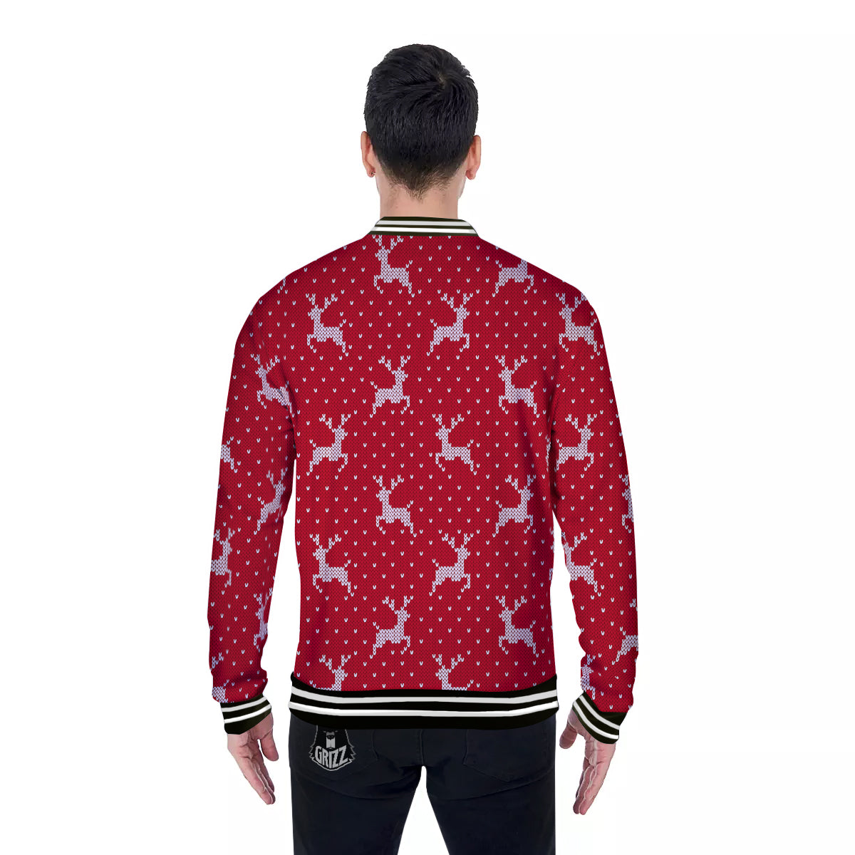 Knitted Deer Xmas Print Pattern Baseball Jacket-grizzshop