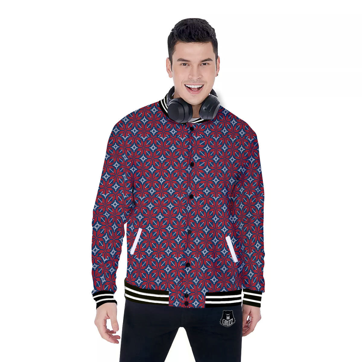 Knitted Flower Print Pattern Baseball Jacket-grizzshop