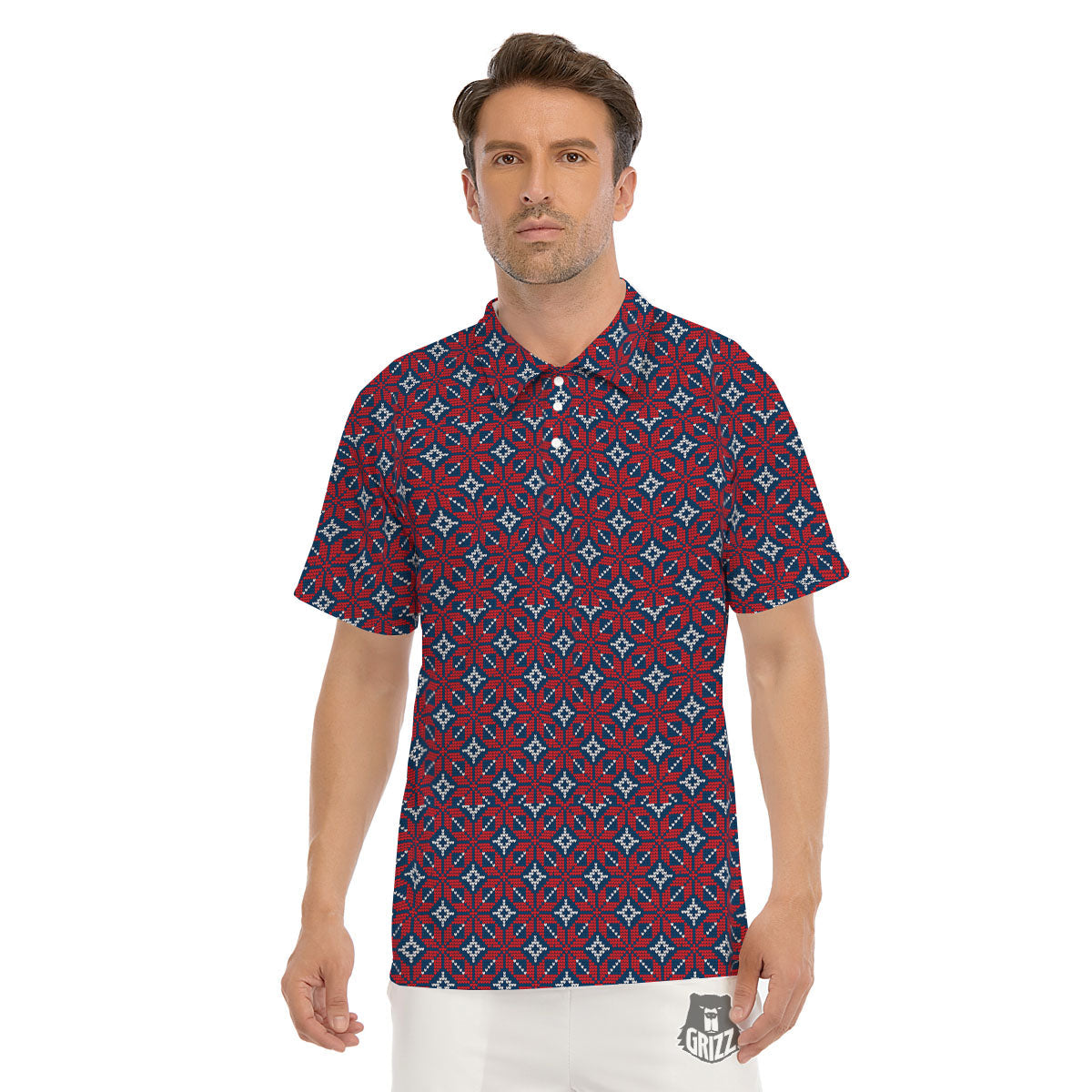 Knitted Flower Print Pattern Men's Golf Shirts-grizzshop