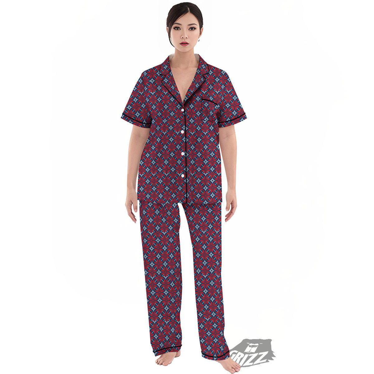 Knitted Flower Print Pattern Women's Pajamas Set-grizzshop