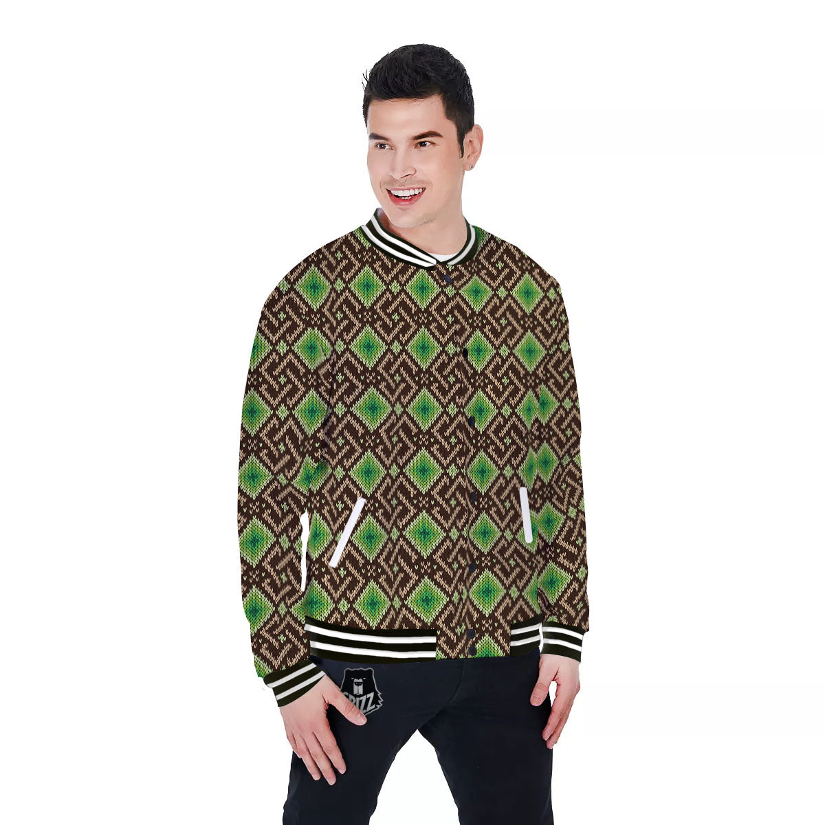Knitted Geometric Print Pattern Baseball Jacket-grizzshop