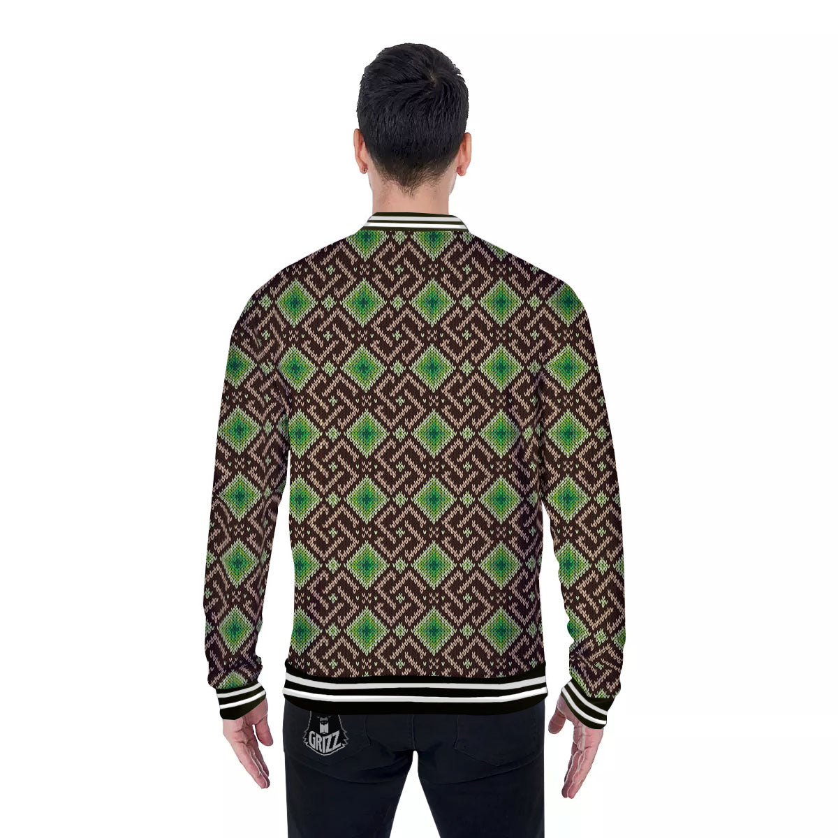 Knitted Geometric Print Pattern Baseball Jacket-grizzshop