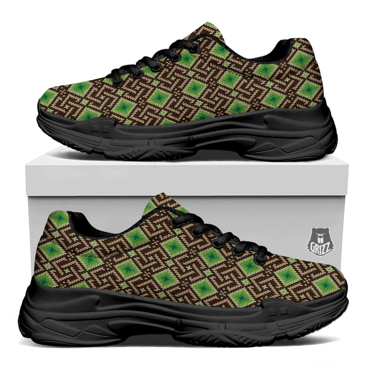 Knitted Geometric Print Pattern Black Chunky Shoes-grizzshop