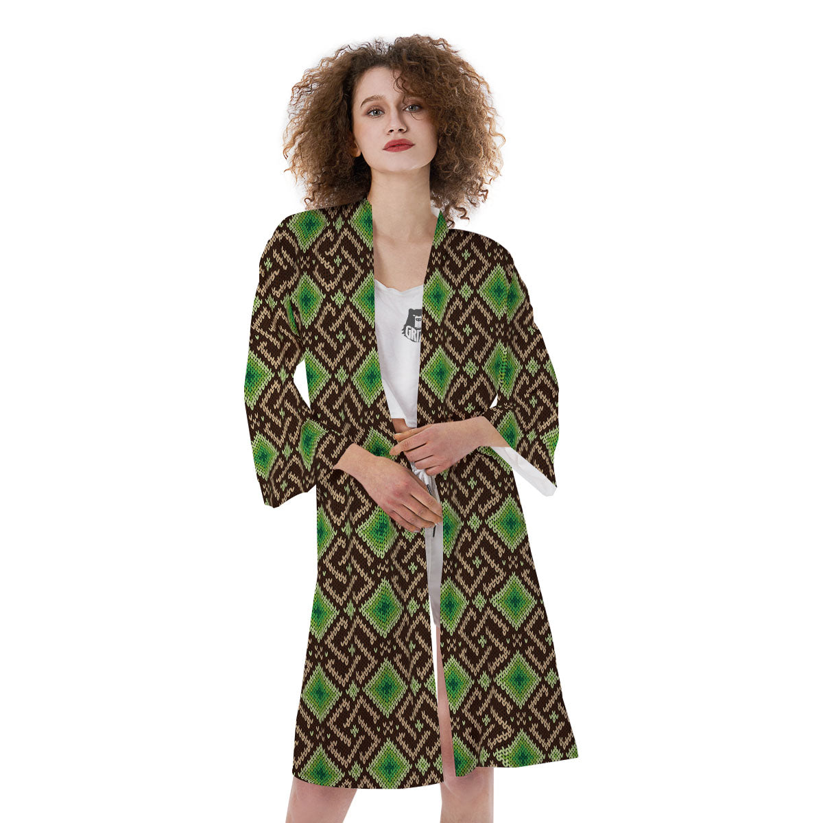 Knitted Geometric Print Pattern Kimono-grizzshop