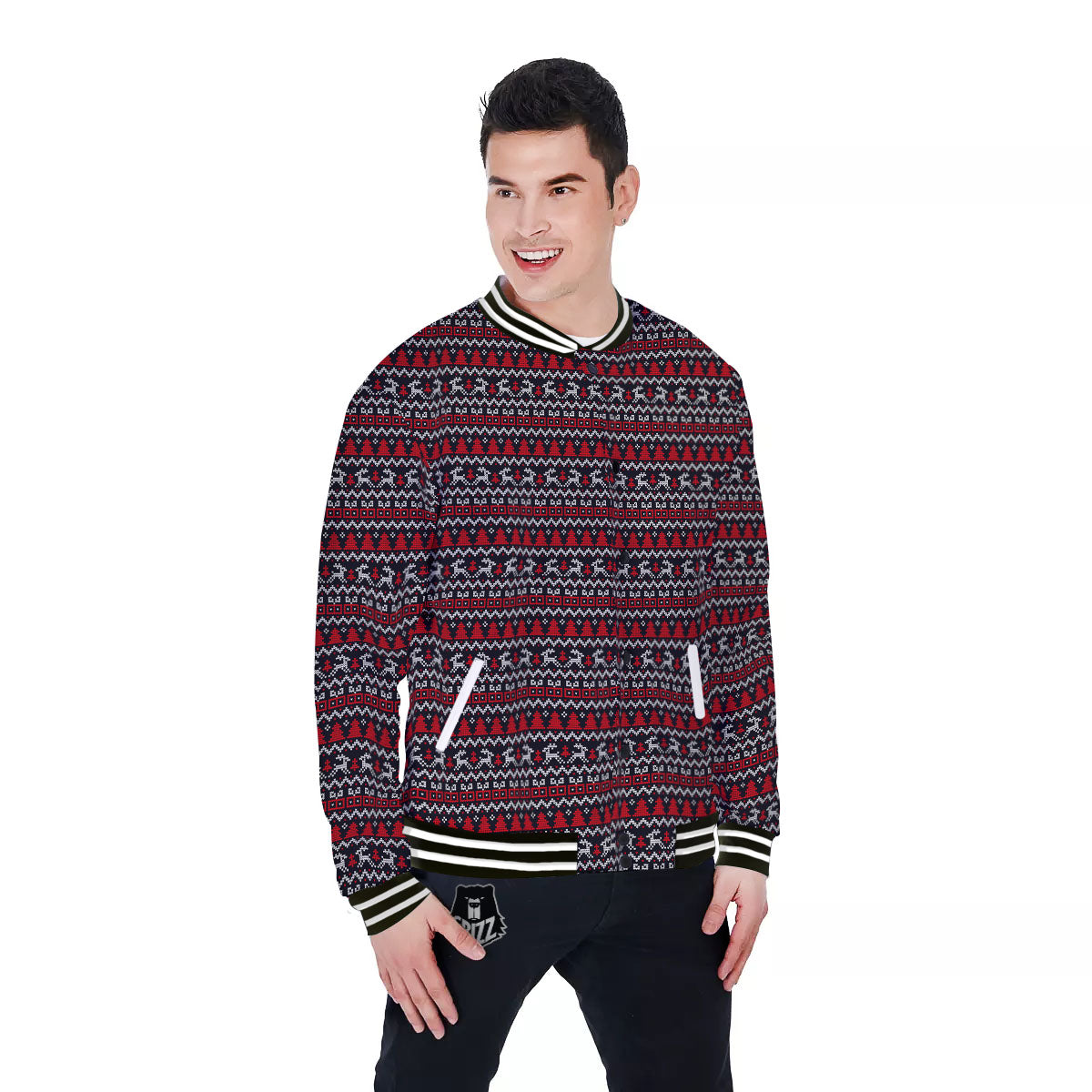 Knitted Geometric Xmas Print Pattern Baseball Jacket-grizzshop