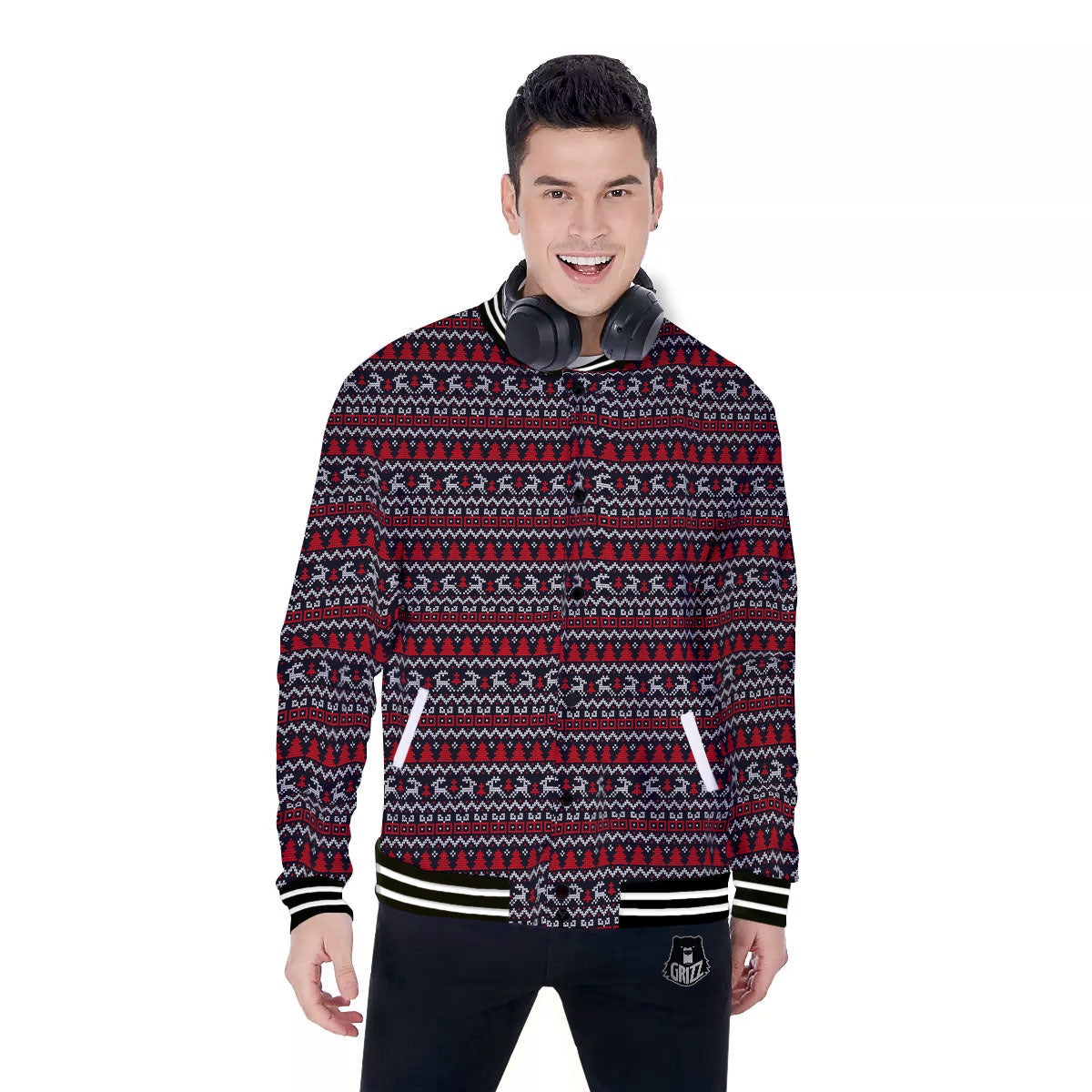 Knitted Geometric Xmas Print Pattern Baseball Jacket-grizzshop