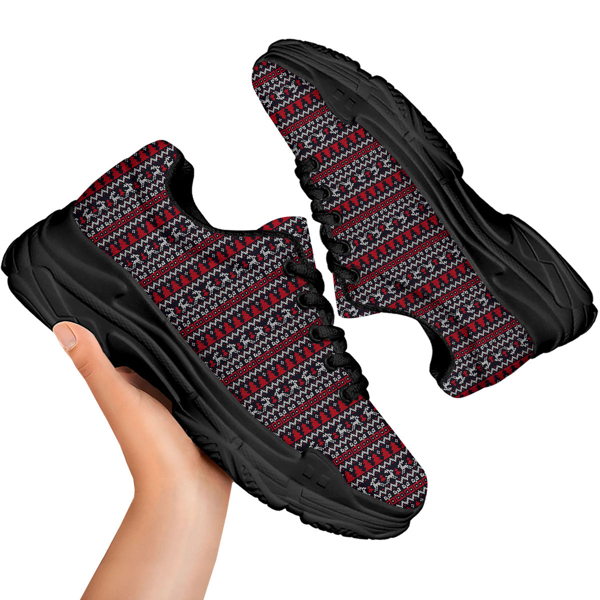 Knitted Geometric Xmas Print Pattern Black Chunky Shoes-grizzshop