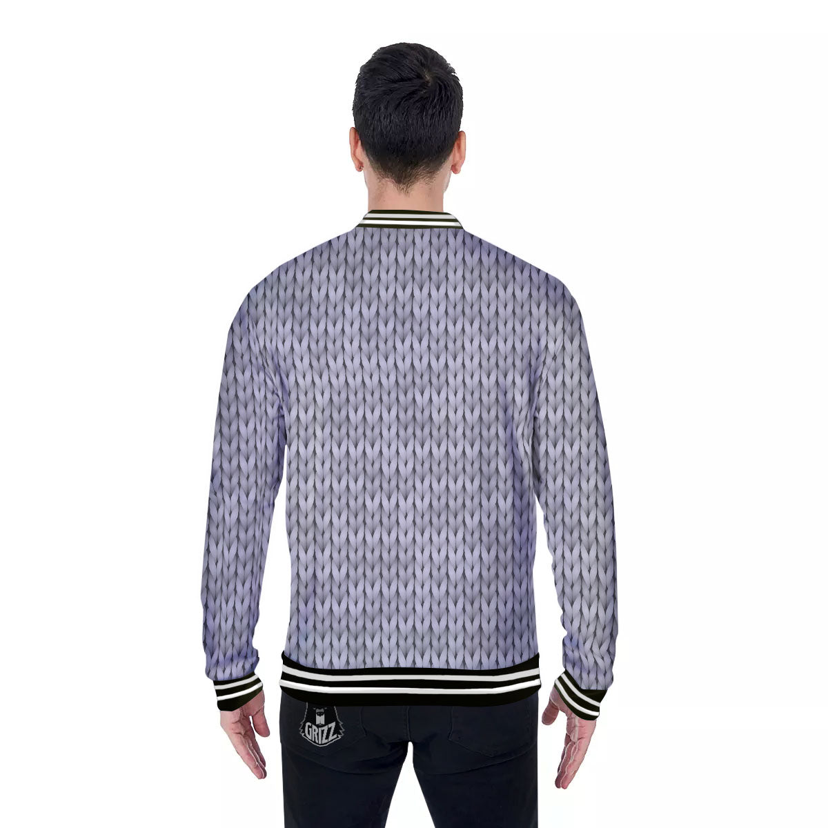 Knitted Grey Print Pattern Baseball Jacket-grizzshop