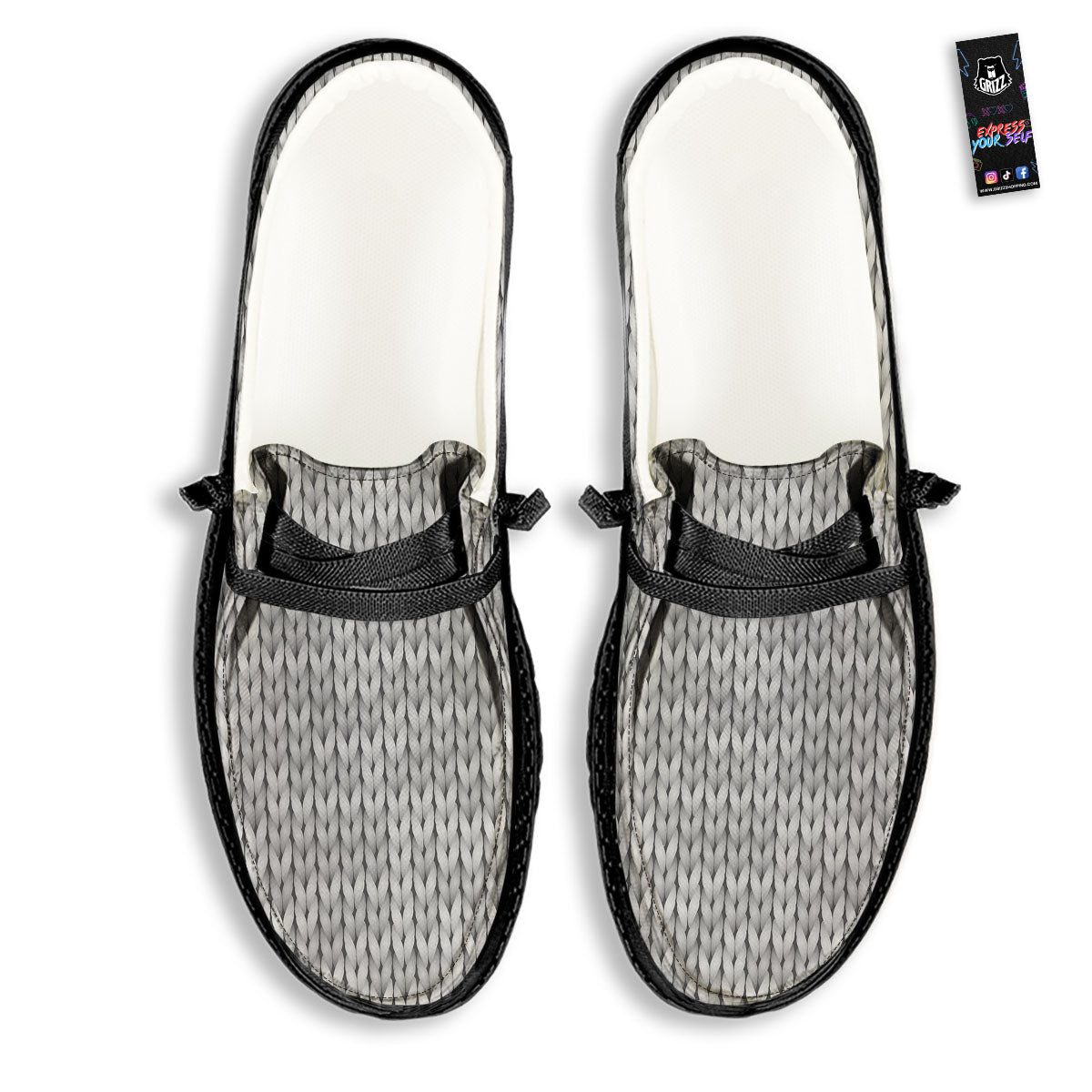 Knitted Grey Print Pattern Black Loafers-grizzshop