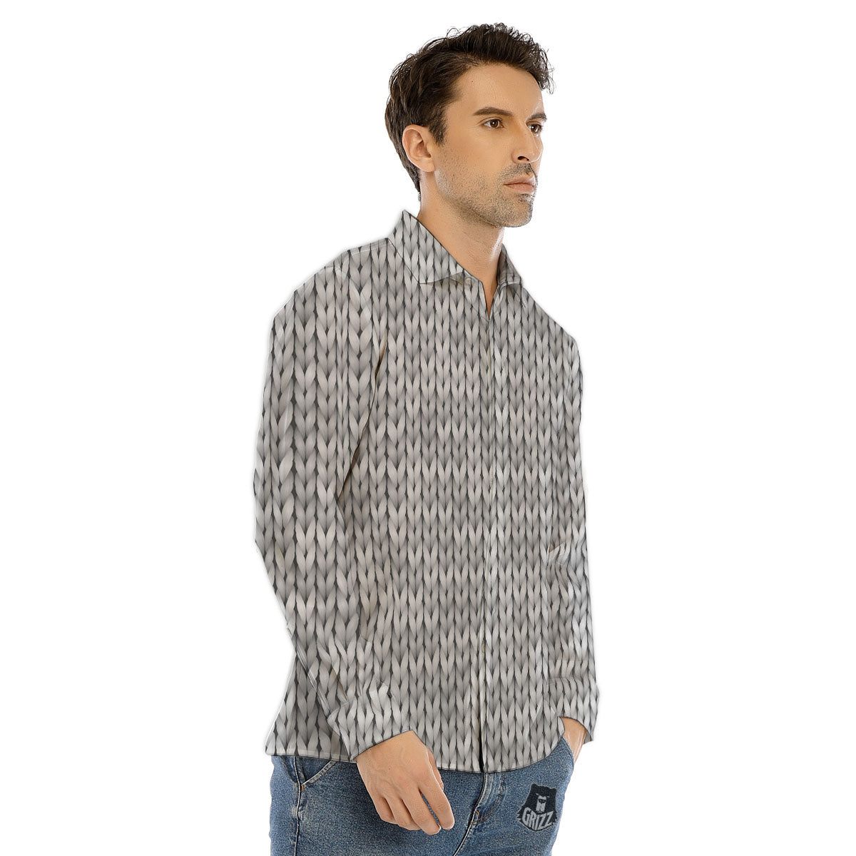 Knitted Grey Print Pattern Men's Dress Shirts-grizzshop