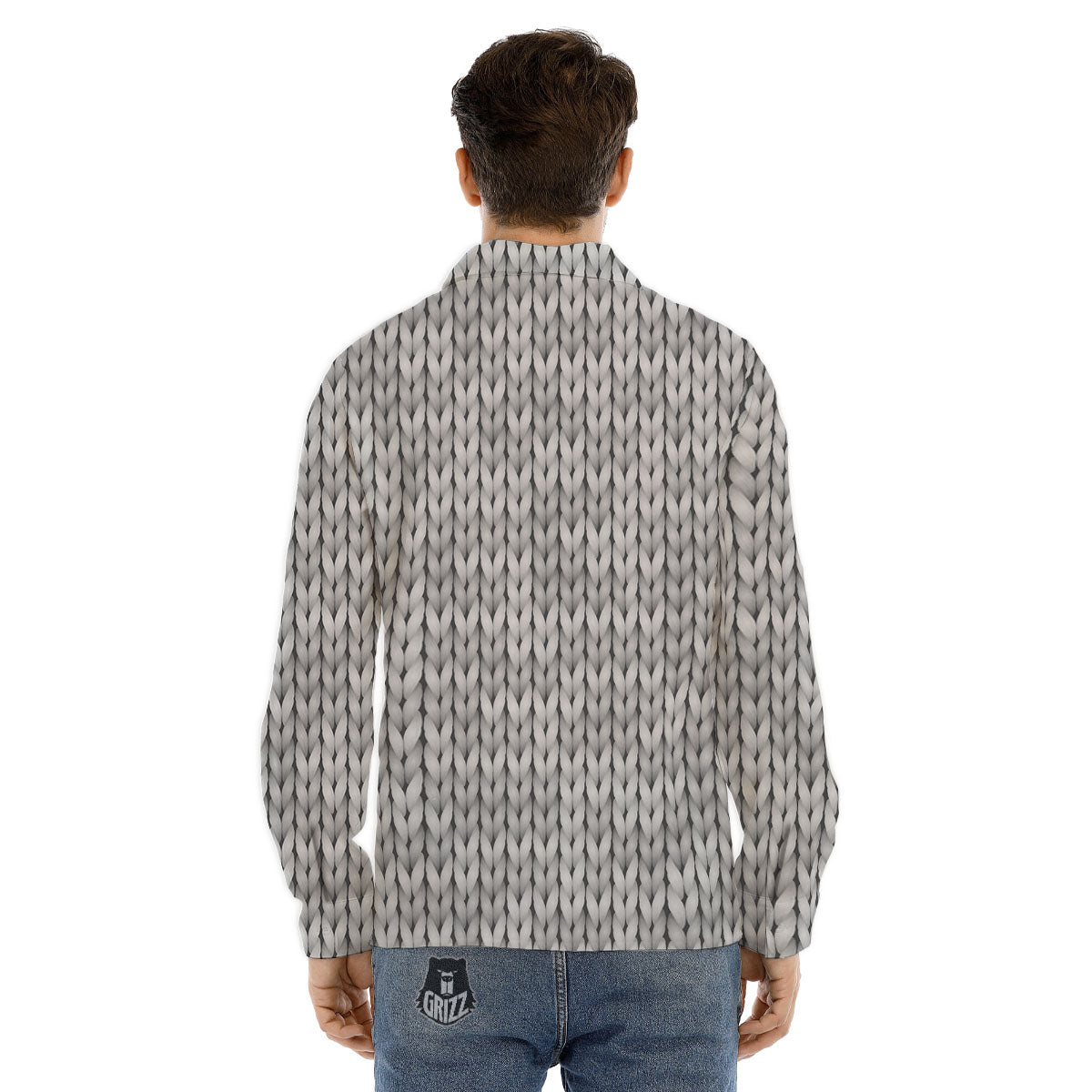 Knitted Grey Print Pattern Men's Dress Shirts-grizzshop