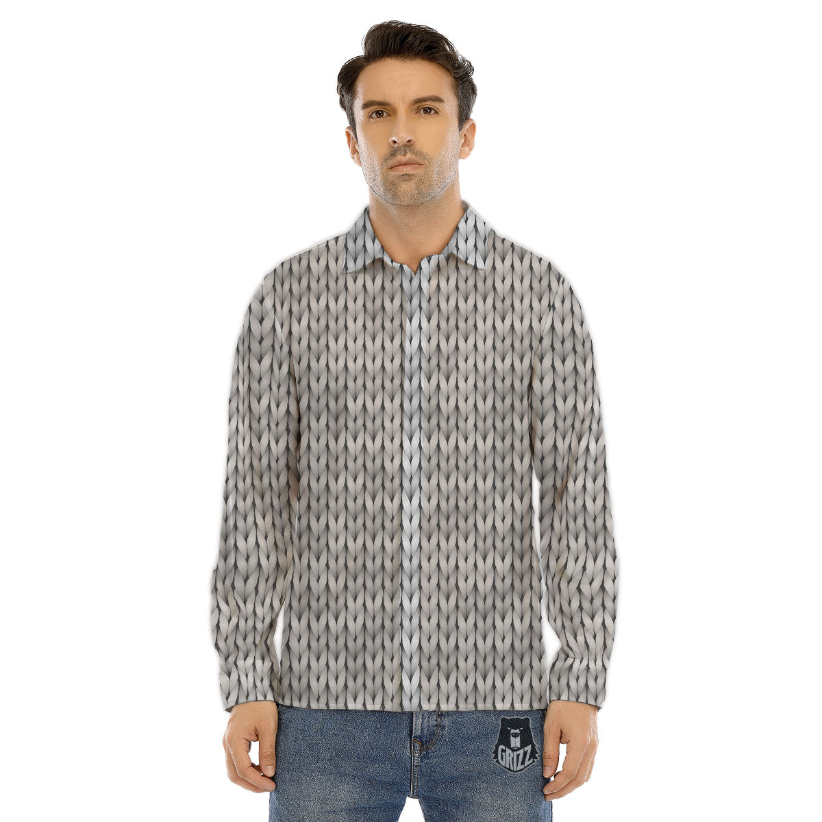Knitted Grey Print Pattern Men's Dress Shirts-grizzshop
