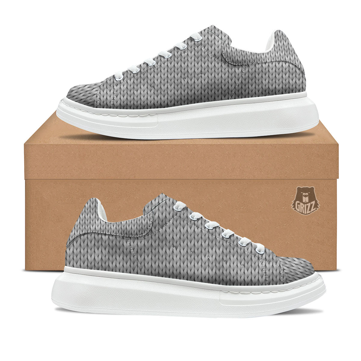 Knitted Grey Print Pattern Platform Shoes-grizzshop