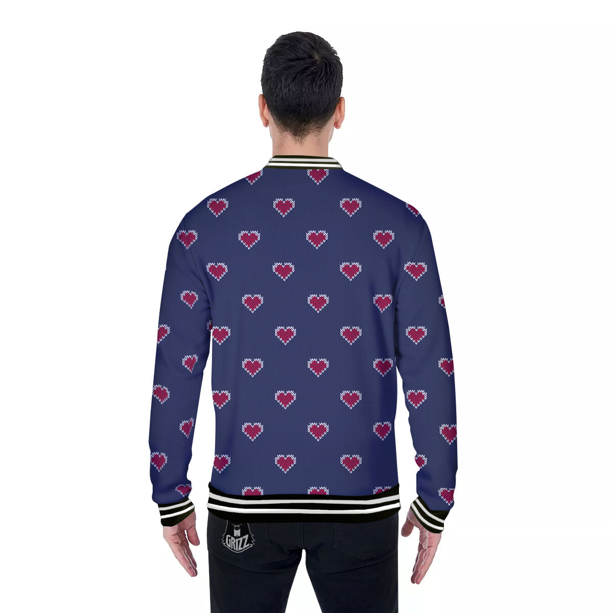 Knitted Heart Print Pattern Baseball Jacket-grizzshop