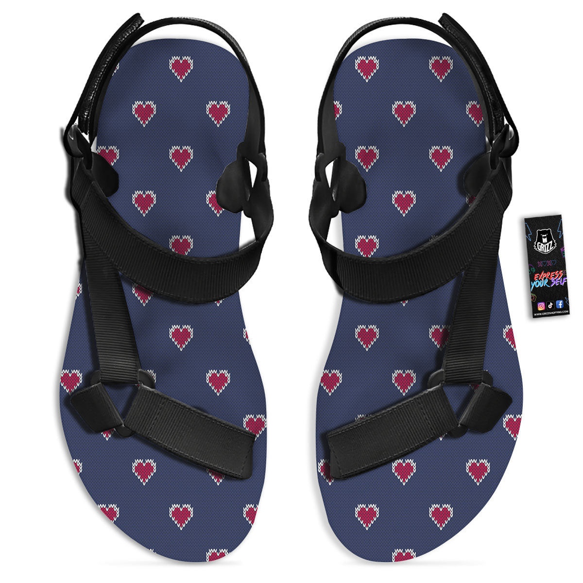Knitted Heart Print Pattern Black Open Toe Sandals-grizzshop
