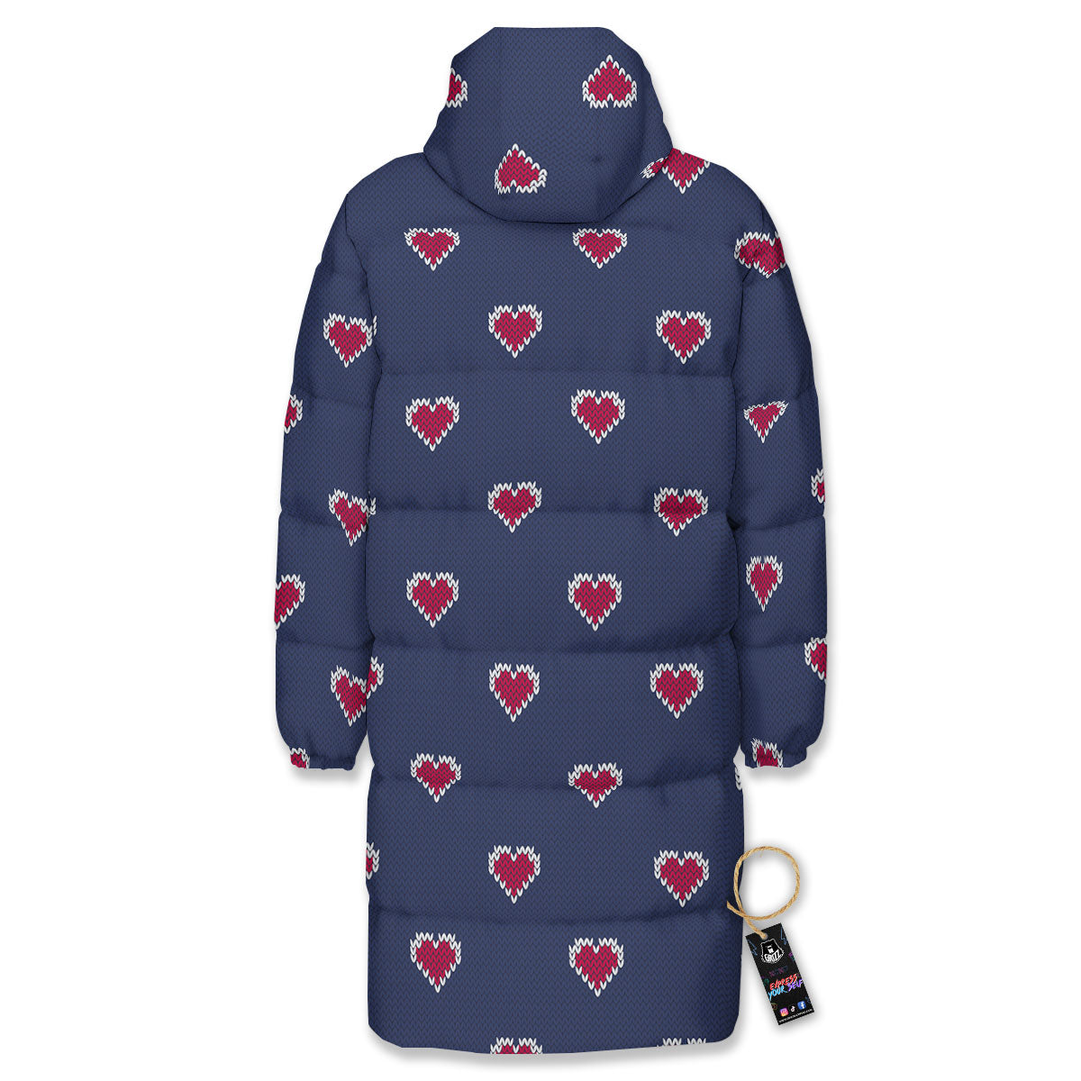 Knitted Heart Print Pattern Long Down Jacket-grizzshop