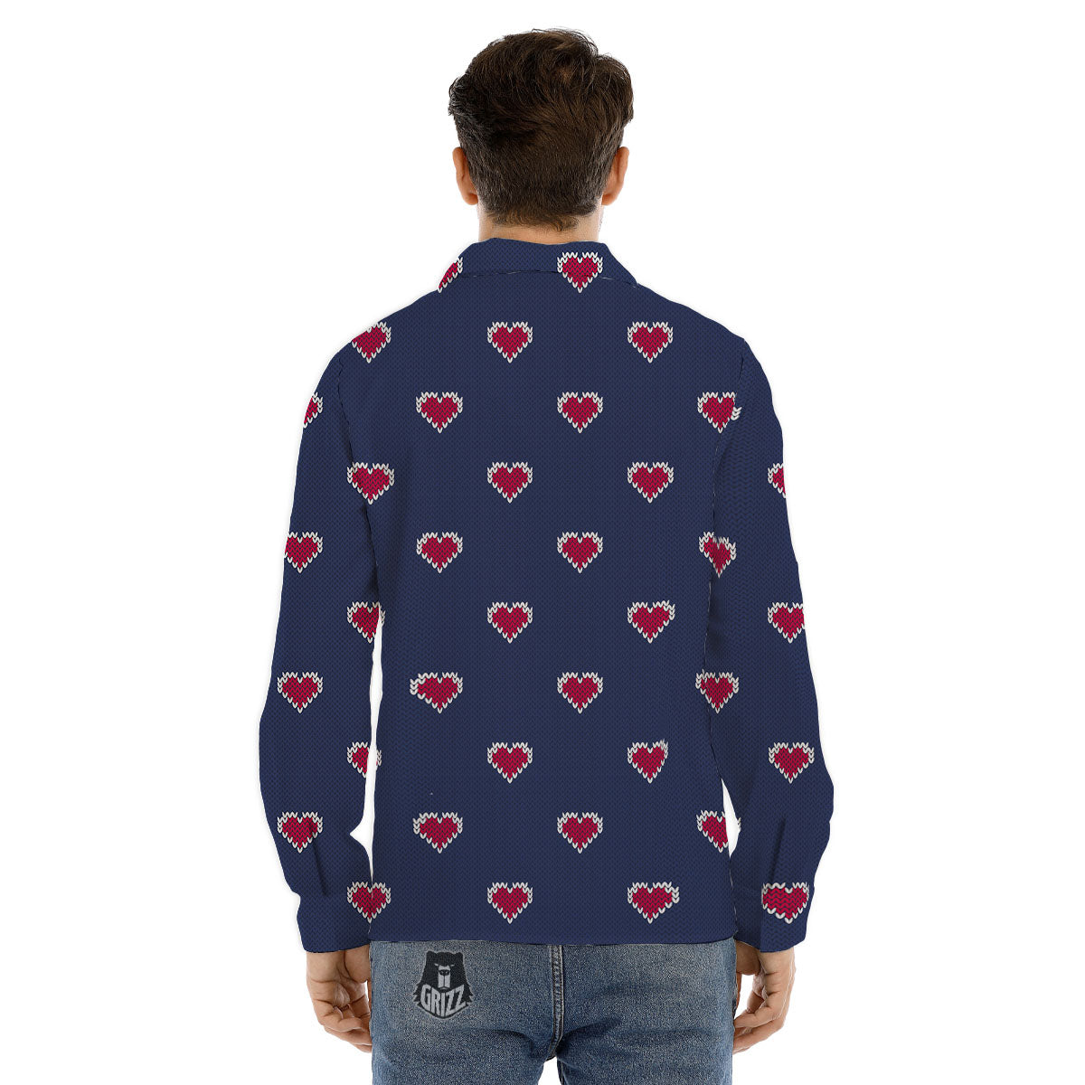 Knitted Heart Print Pattern Men's Dress Shirts-grizzshop