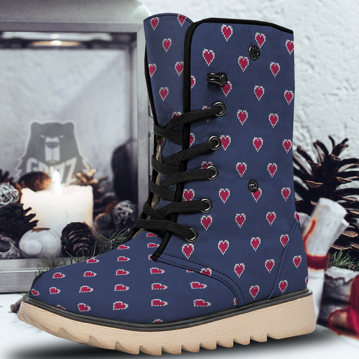 Knitted Heart Print Pattern Snow Boots-grizzshop