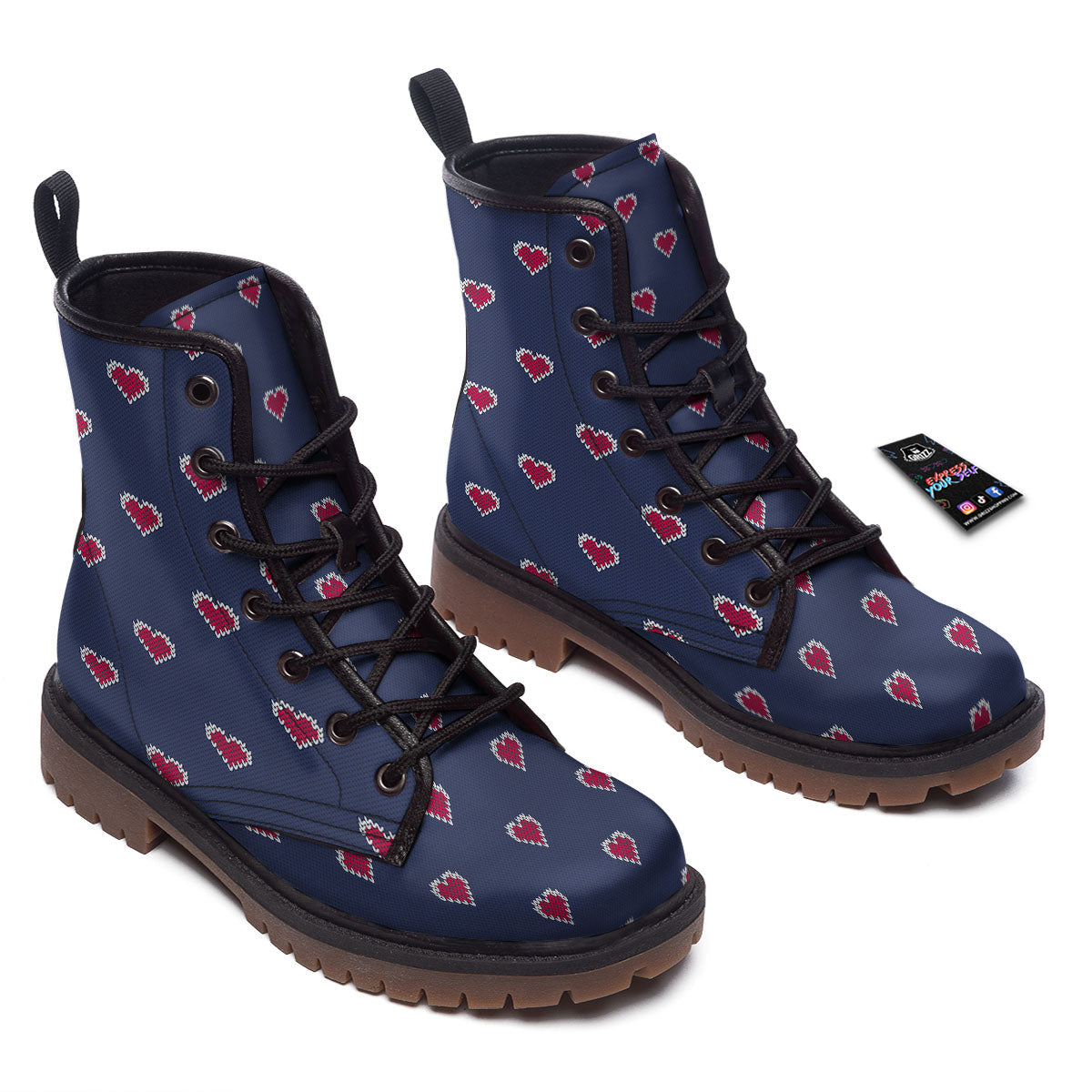 Knitted Heart Print Pattern Work Boots-grizzshop
