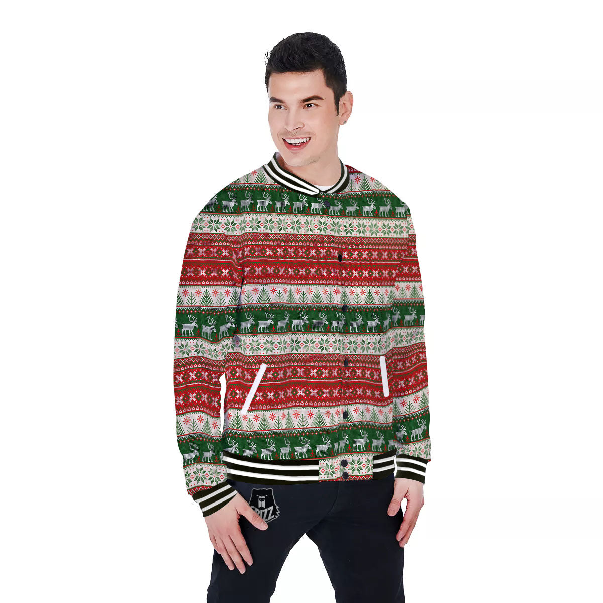 Knitted Merry Christmas Print Pattern Baseball Jacket-grizzshop