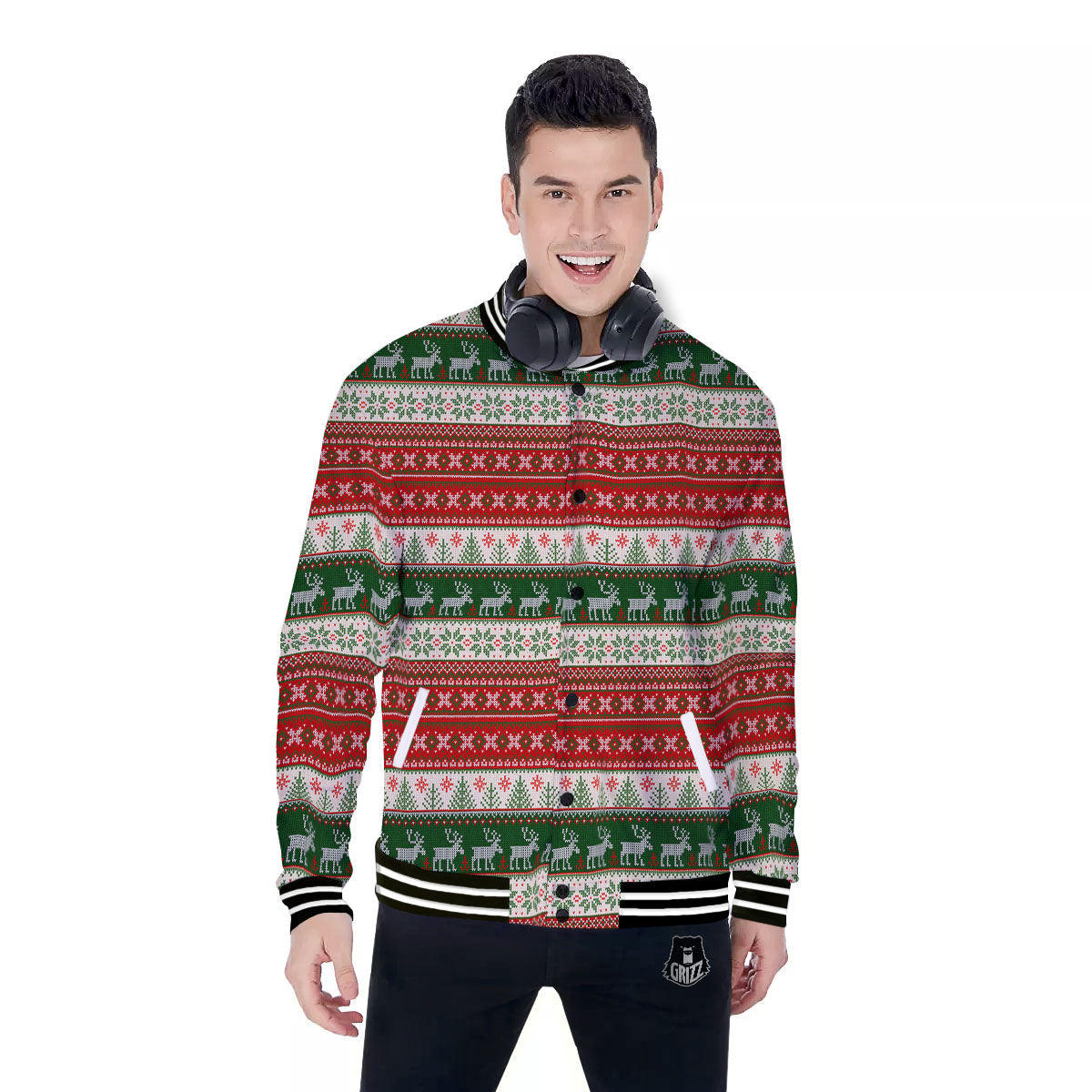 Knitted Merry Christmas Print Pattern Baseball Jacket-grizzshop
