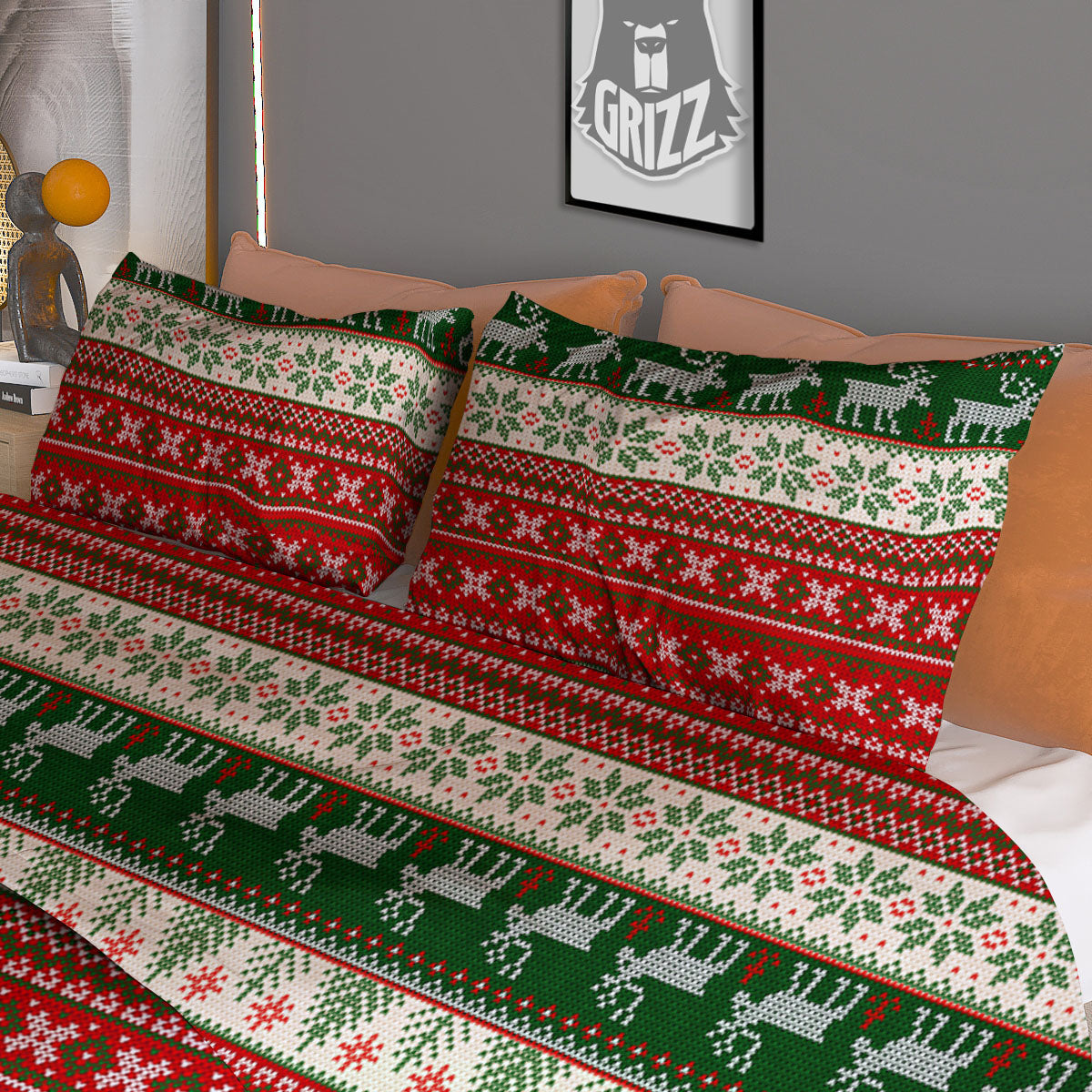 Knitted Merry Christmas Print Pattern Duvet Cover Bedding Set