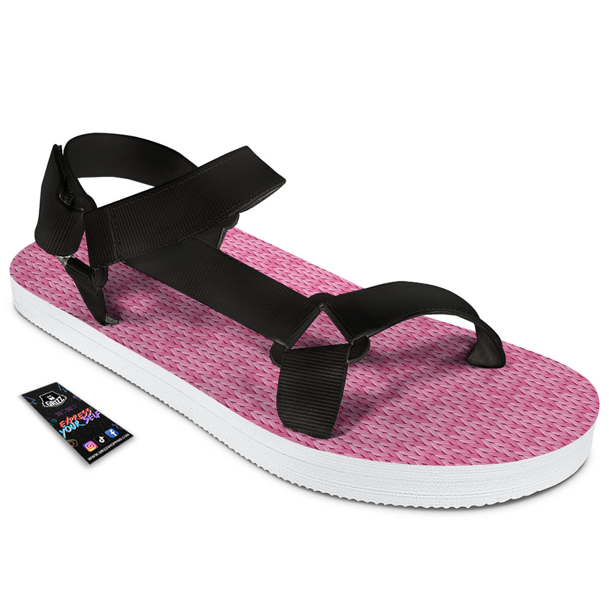 Knitted Pink Print Pattern Black Open Toe Sandals-grizzshop