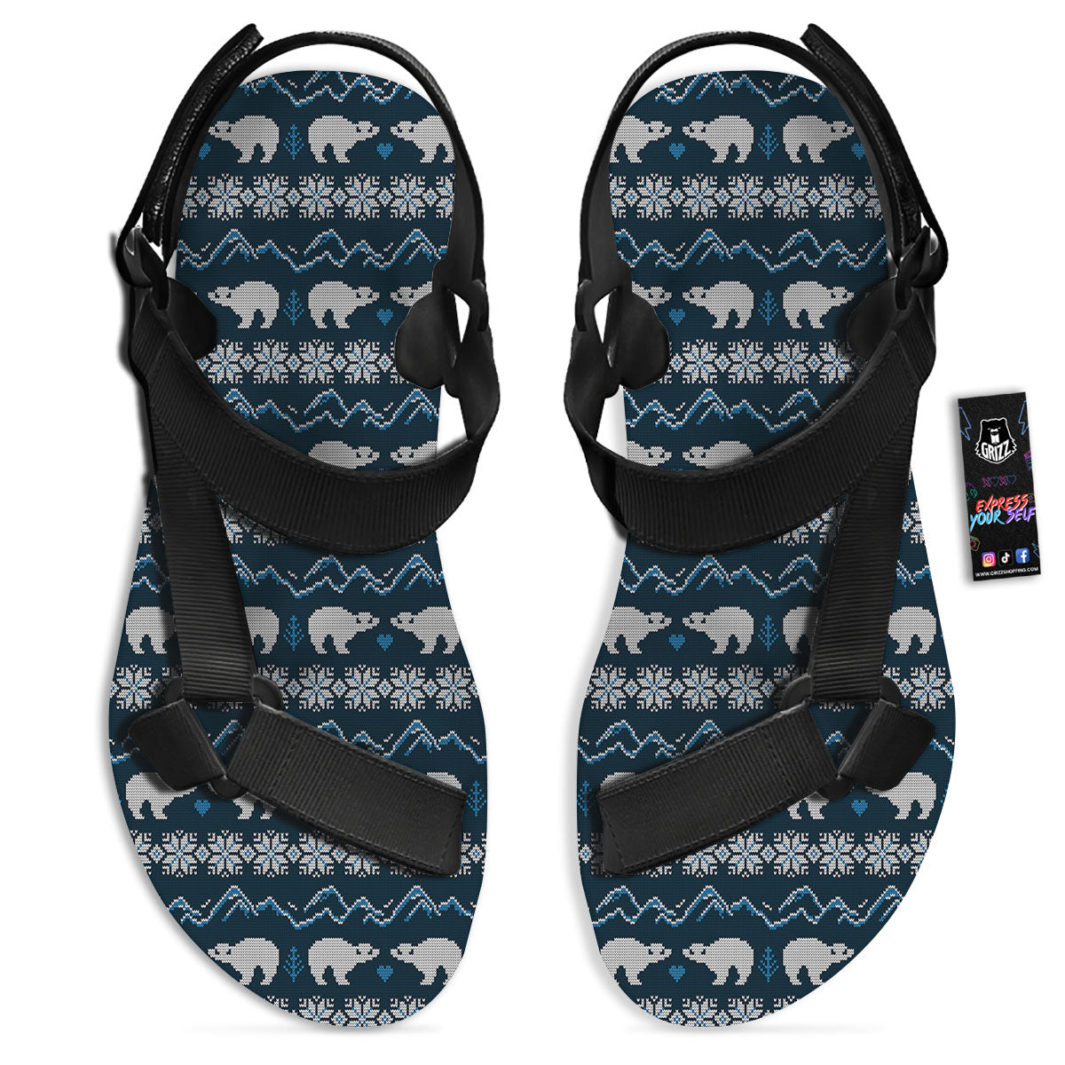 Knitted Polar Bear Print Pattern Black Open Toe Sandals-grizzshop