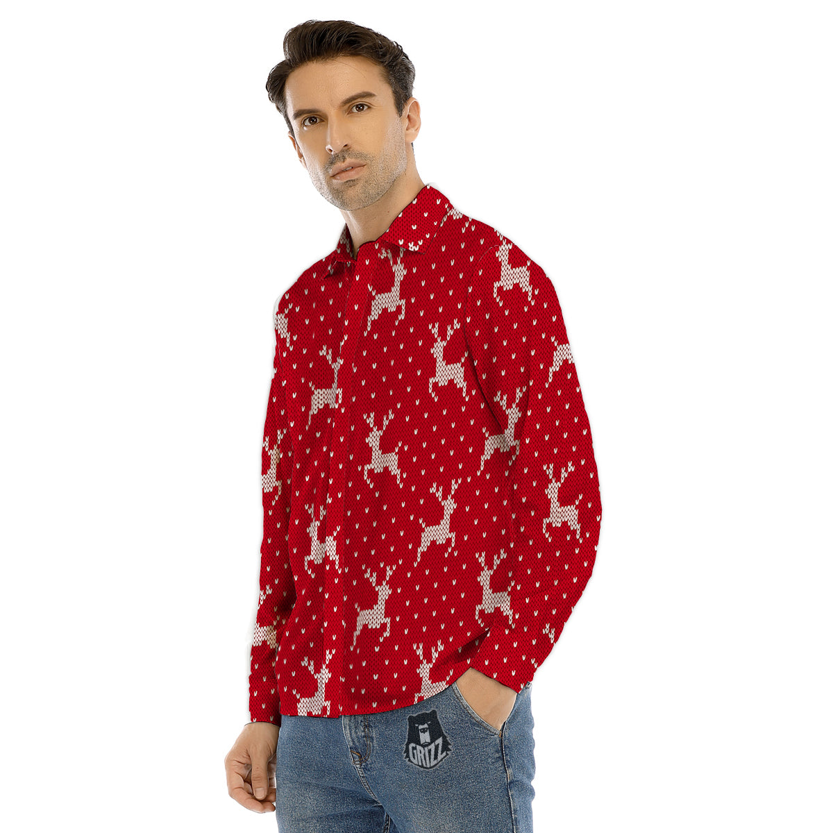 Knitted Polar Bear Print Pattern Men's Dress Shirts-grizzshop