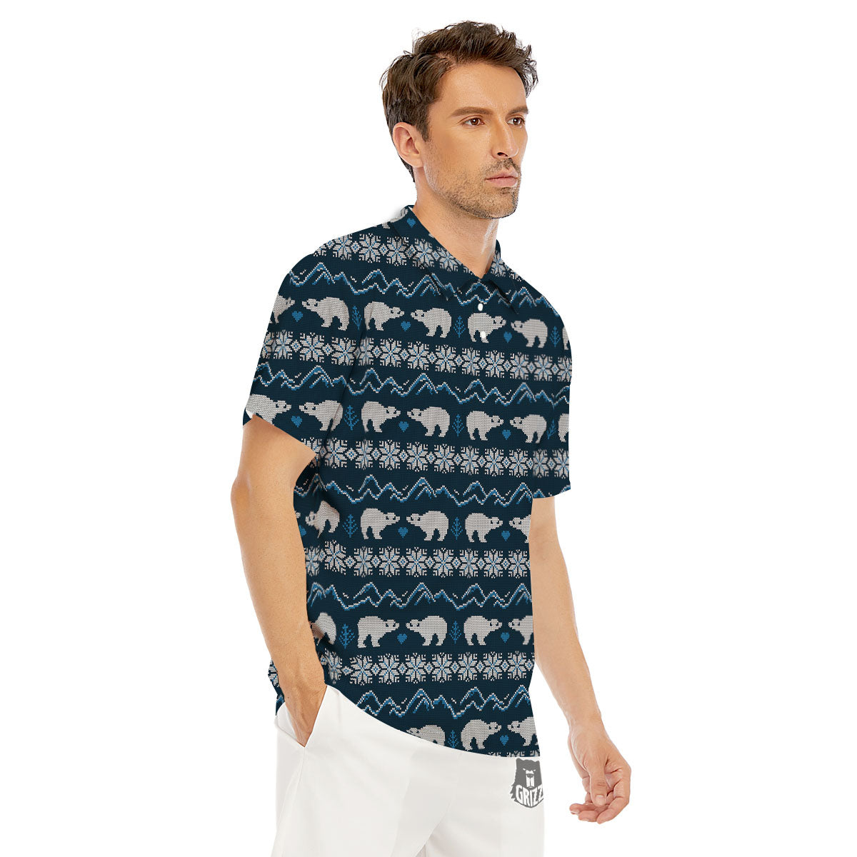 Knitted Polar Bear Print Pattern Men's Golf Shirts-grizzshop