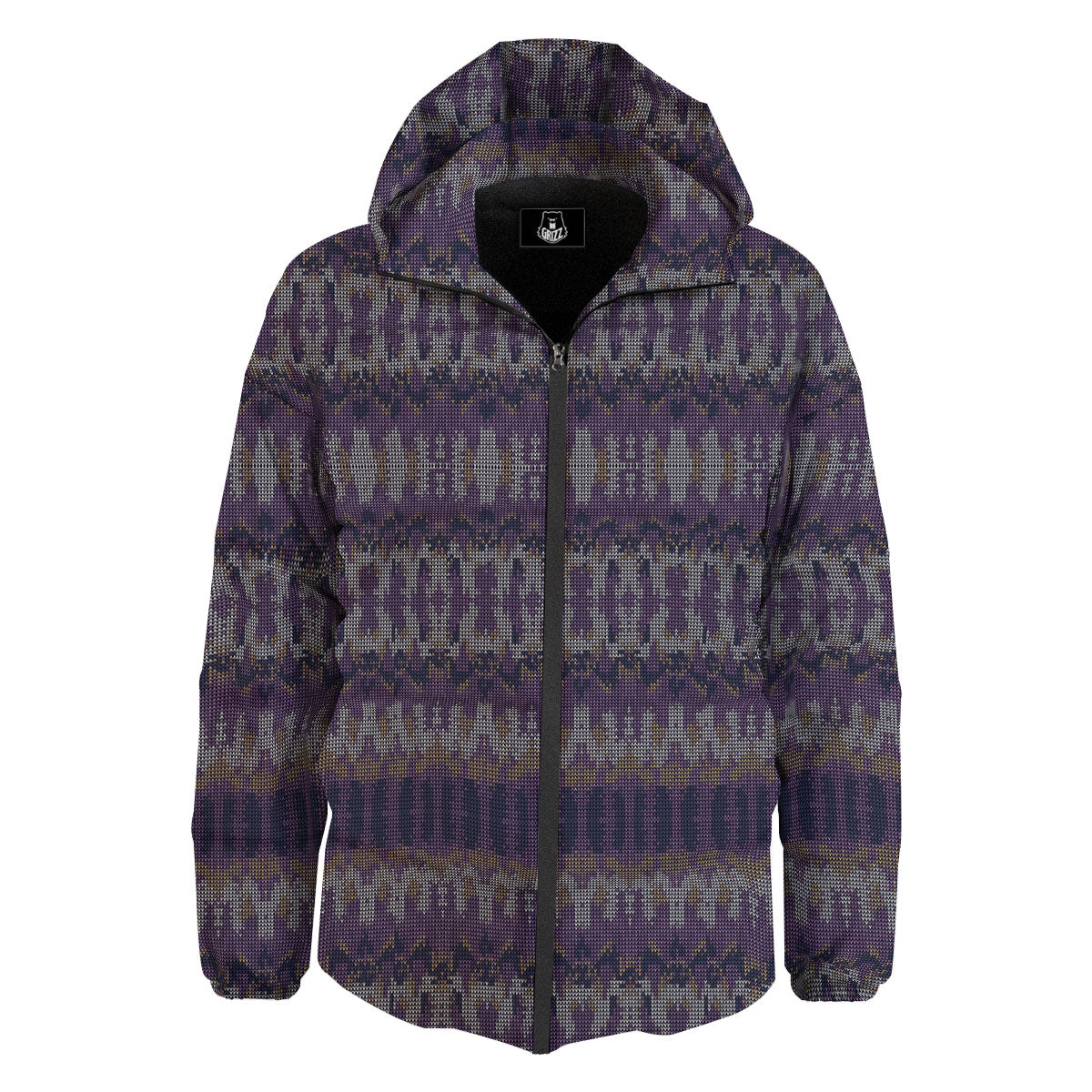 Knitted Ribbon Purple Print Pattern Down Jacket-grizzshop
