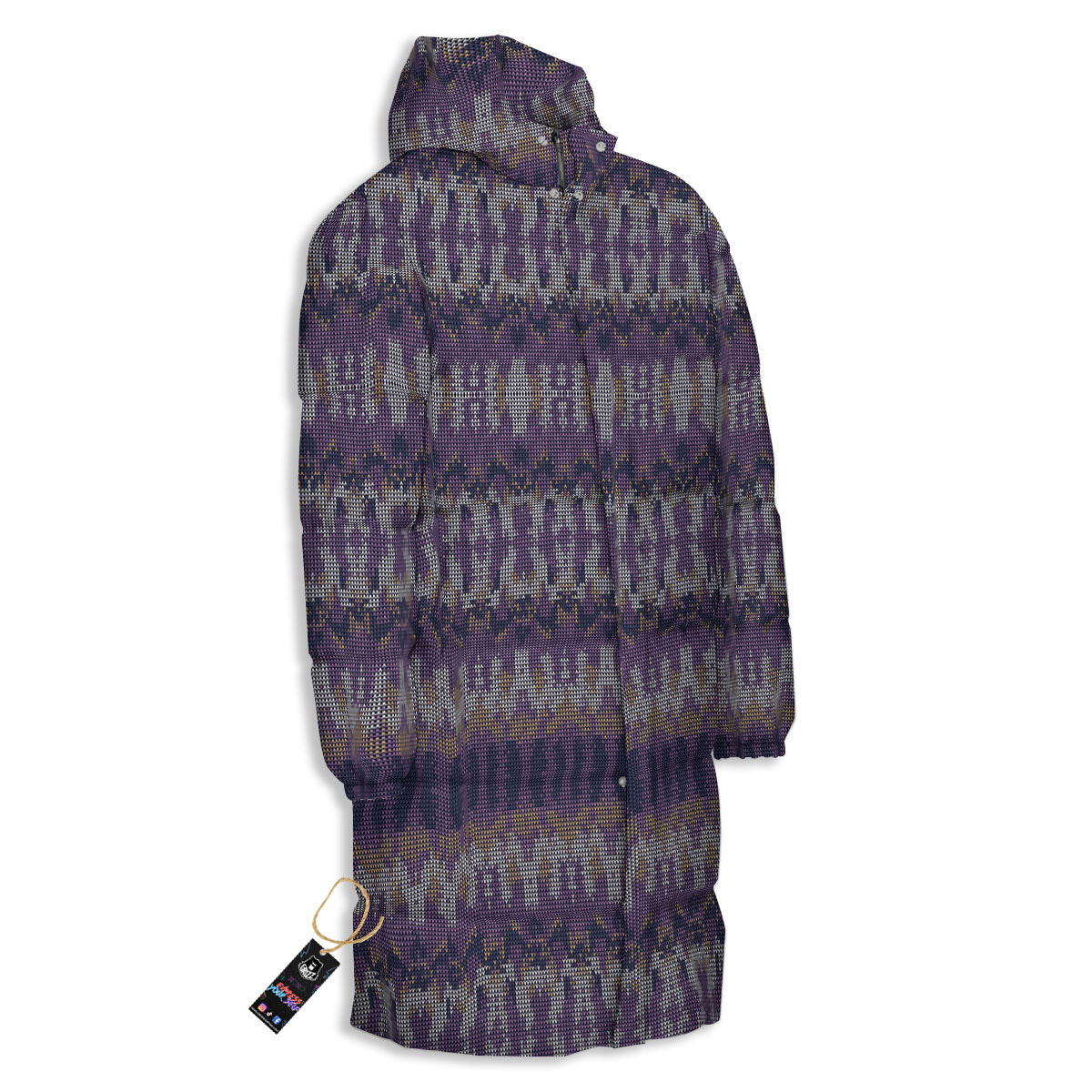 Knitted Ribbon Purple Print Pattern Long Down Jacket-grizzshop
