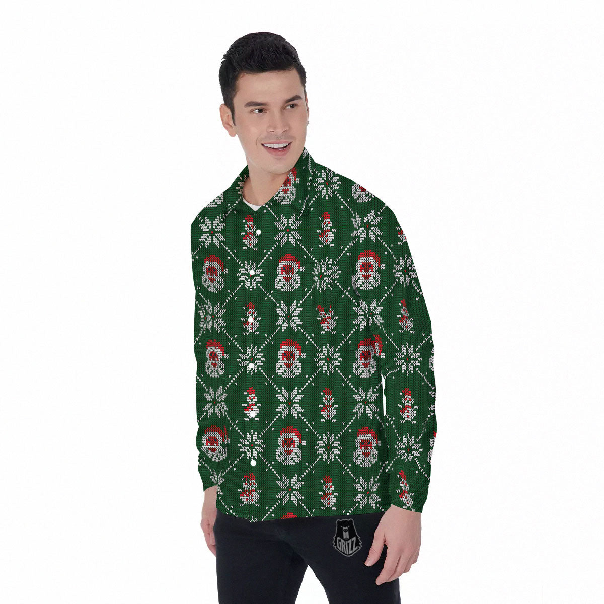 Knitted Santa Claus Print Pattern Men's Long Sleeve Shirts-grizzshop