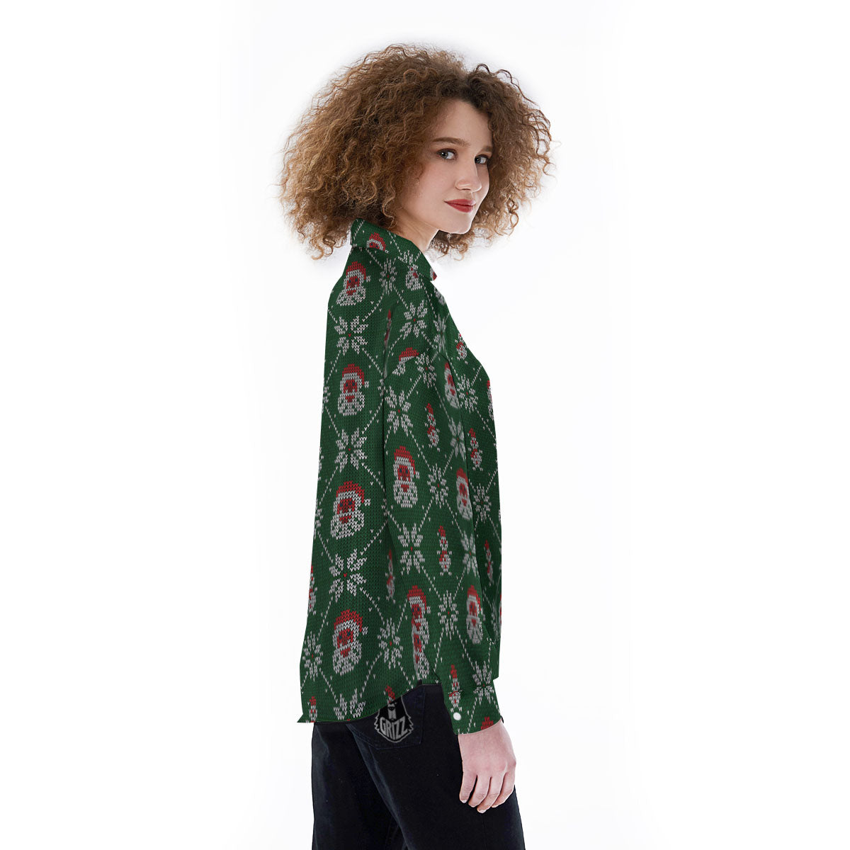 Knitted Santa Claus Print Pattern Women's Long Sleeve Shirts-grizzshop