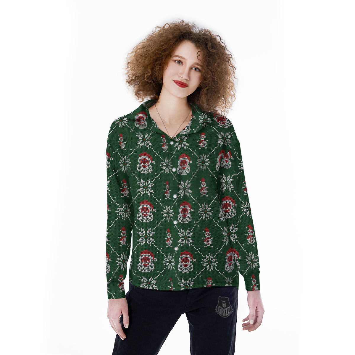 Knitted Santa Claus Print Pattern Women's Long Sleeve Shirts-grizzshop
