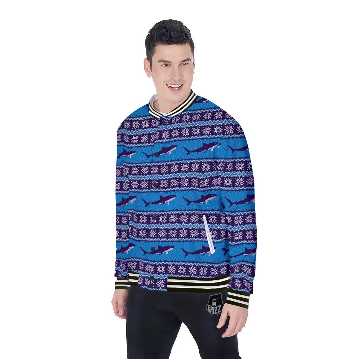 Knitted Shark Print Pattern Baseball Jacket-grizzshop